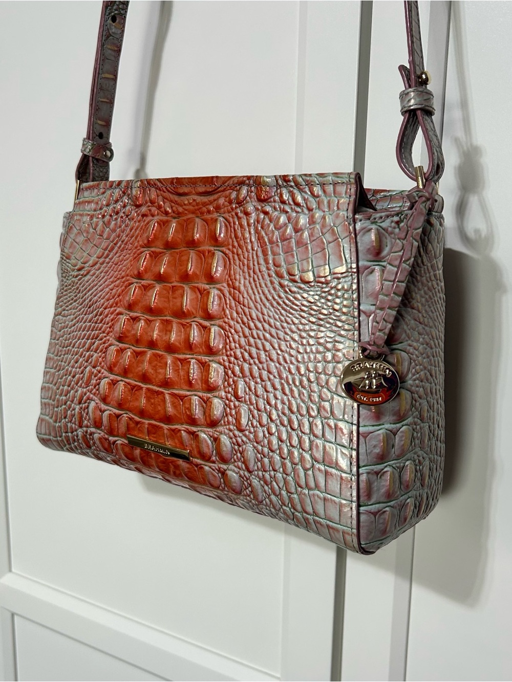 Brahmin Orange Lavender Grey Croc-Embossed Leather Crossbody with Gold Accent